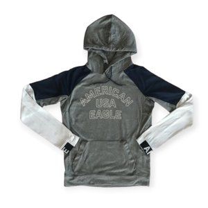 American Eagle Gray Blue White Two Tone Hoodie Relaxed Fit Pouch Pocket Women XS